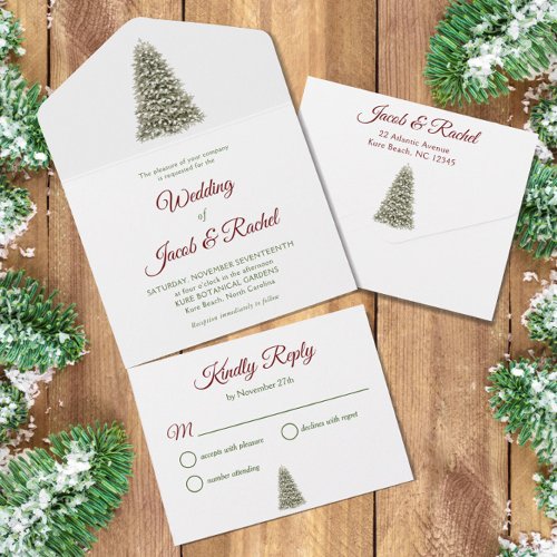 Elegant Lit Christmas Tree Red  Green Wedding All In One Invitation