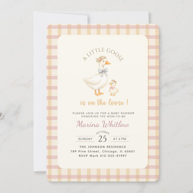 Elegant Little Goose Bow Gingham Baby Shower Invitation (Front)