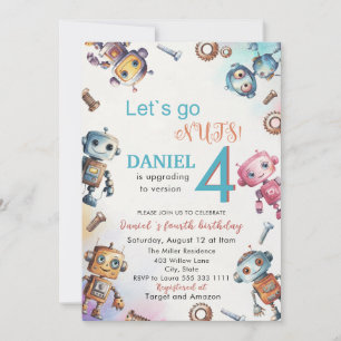 Elegant Little Robot Watercolor Baby Birthday Par Invitation