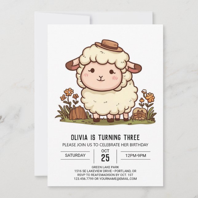 Elegant Little Sheep Digital Birthday Invitation (Front)