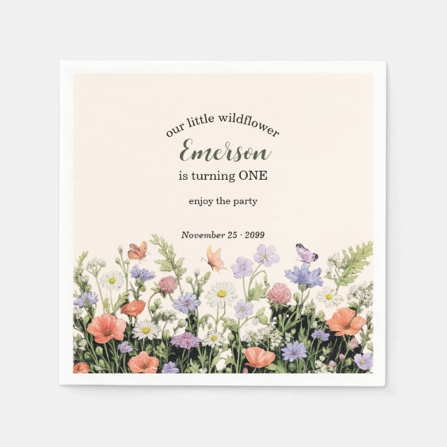 Elegant Little Wildflower 1st Birthday Party Napkins (Front)