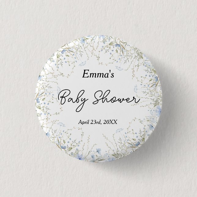 Elegant Little Wildflower Blue Flower Baby Shower Button (Front)