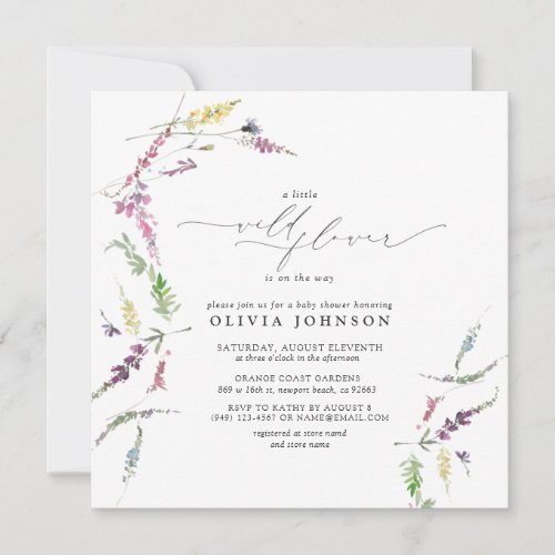 Elegant Little Wildflower Script Girl Baby Shower Invitation - Create the perfect baby shower with this delicate, elegant, modern baby girl shower invitation, featuring hand painted watercolor wildflower artwork, hand lettered script typography, and elegant text. We hope you love it as much as we do! Contact designer for matching products. Copyright Elegant Invites, all rights reserved. 