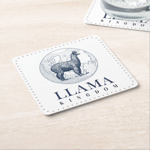 Elegant Llama with Globe and Llama Kingdom Text Square Paper Coaster