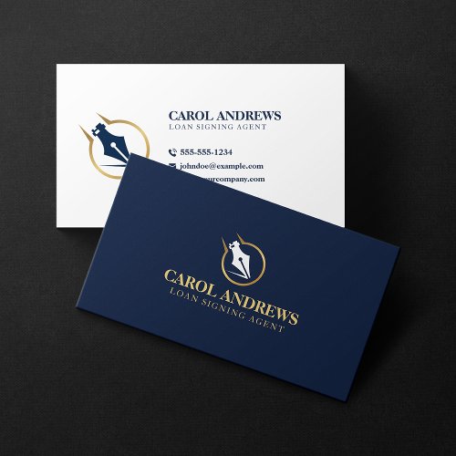 Elegant Loan Signing Agent Notary Public Gold Blue Business Card