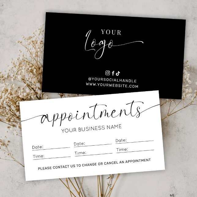 Elegant Logo Black & White Hair Stylist Salon Appointment Card (Elegant minimalist black and white beauty salon appointments reminder cards with your logo)