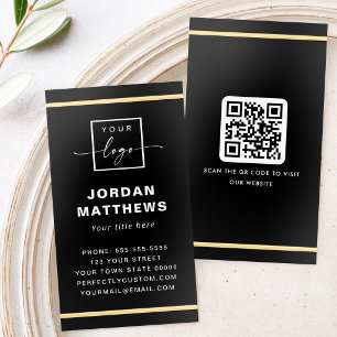 Elegant logo QR code gold foil borders black Business Cards