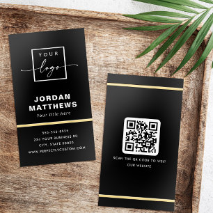 Elegant logo QR code gold foil borders black Business Cards