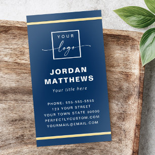 Elegant logo QR code gold foil borders dark blue Business Cards