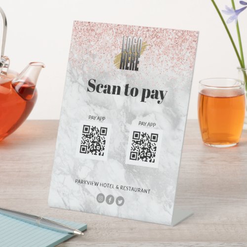 Elegant Logo Scan to Pay Apps 2 QR Codes Marble  Pedestal Sign