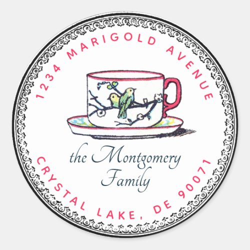 Elegant Logo Tea Teacup Family Name Return Address Classic Round Sticker
