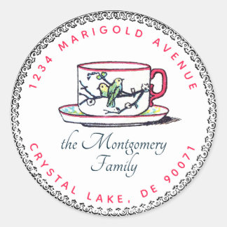 Elegant Logo Tea Teacup Family Name Return Address Classic Round Sticker