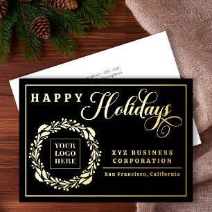 Elegant Logo Wreath Happy Holidays Business Foil Holiday Card