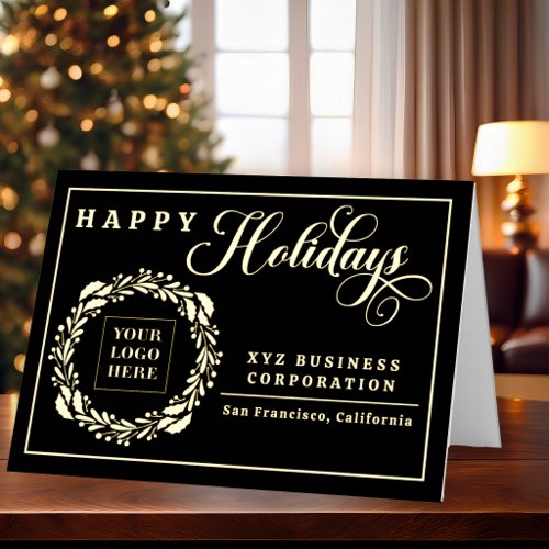 Elegant Logo Wreath Happy Holidays Business Foil Holiday Card