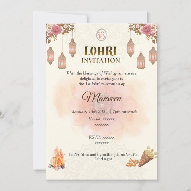 Elegant Lohri Invitation- Pastel, Minimalistic Invitation (Front)