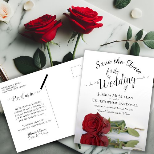 Elegant Long Stem Red Rose Wedding Save the Date Announcement Postcard