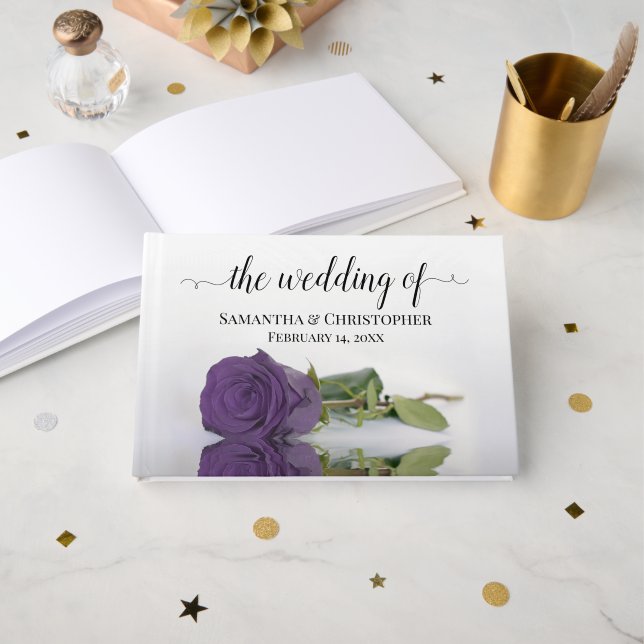 Elegant Long Stemmed Amethyst Purple Rose Wedding Guest Book (Front Open)