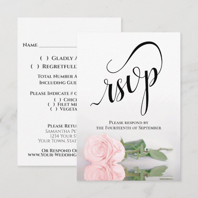 Elegant Long-Stemmed Blush Pink Rose Wedding RSVP Card (Front/Back)