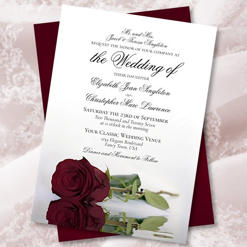 Elegant Long_Stemmed Burgundy Rose Formal Wedding Invitation