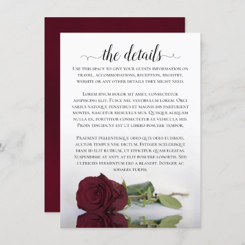 Elegant Long_Stemmed Burgundy Rose Wedding Details Enclosure Card