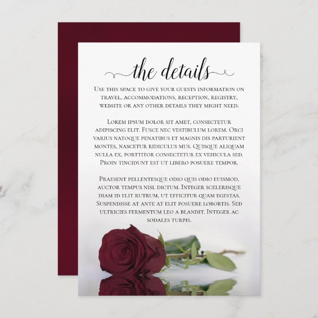 Elegant Long-Stemmed Burgundy Rose Wedding Details Enclosure Card (Front/Back)