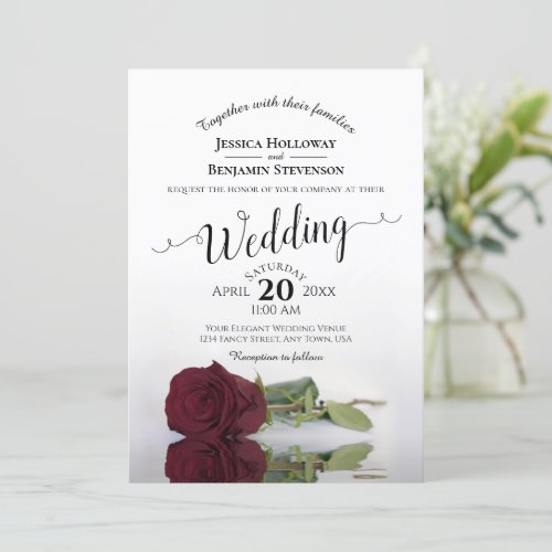 Elegant Long Stemmed Burgundy Rose Wedding Invitation