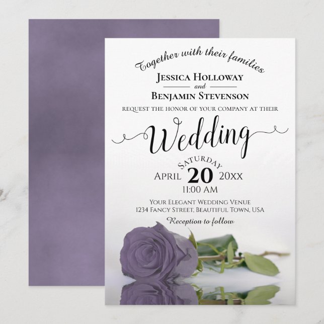Elegant Long Stemmed Dusty Purple Rose Wedding Invitation (Front/Back)