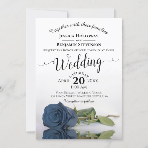 Elegant Long Stemmed Dusty Steel Blue Rose Wedding Invitation