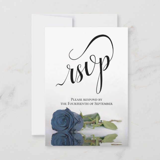 Elegant Long-Stemmed Dusty Steel Blue Rose Wedding RSVP Card (Front)