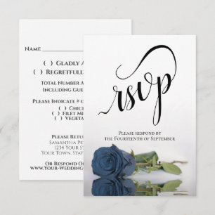 Elegant Long-Stemmed Dusty Steel Blue Rose Wedding RSVP Card