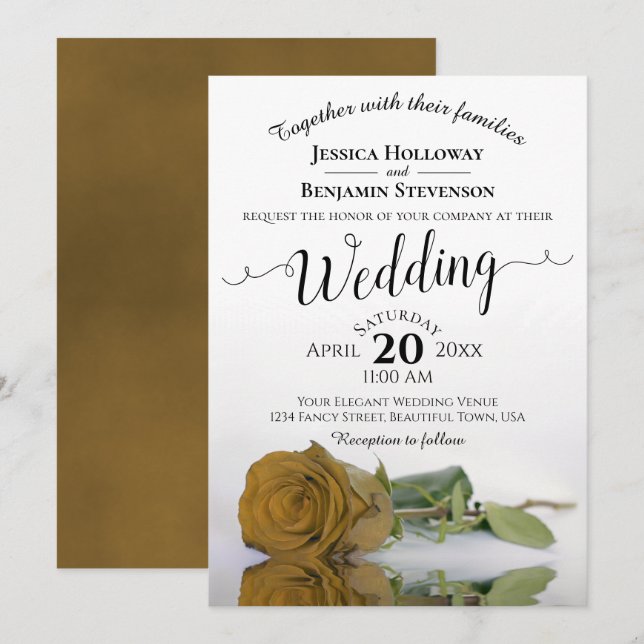 Elegant Long Stemmed Golden Rose Chic Wedding Invitation (Front/Back)