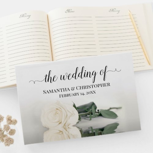Elegant Long Stemmed Ivory White Rose Wedding Guest Book