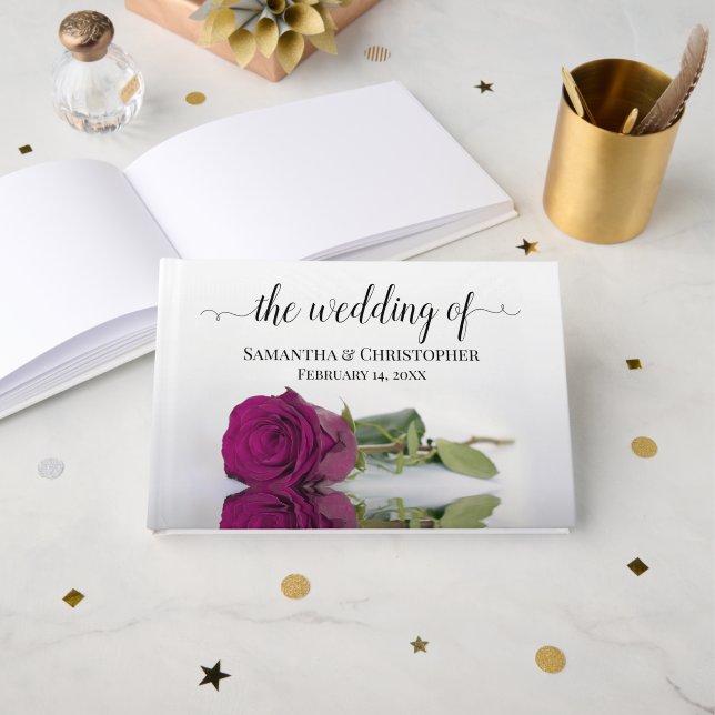 Elegant Long Stemmed Magenta Rose Wedding Guest Book (Front Open)