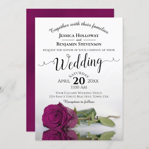 Elegant Long Stemmed Magenta Rose Wedding Invitation