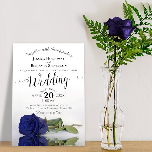 Elegant Long Stemmed Navy Blue Rose Wedding Invitation