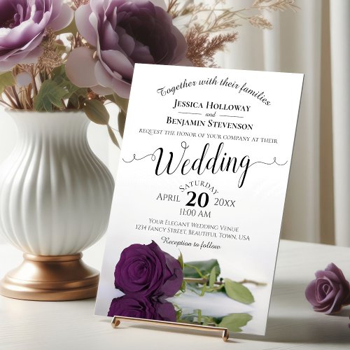 Elegant Long Stemmed Plum Purple Rose Wedding Invitation