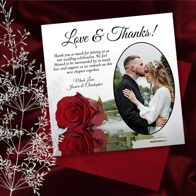 Elegant Long Stemmed Red Rose Oval Photo Wedding Thank You Card | Zazzle