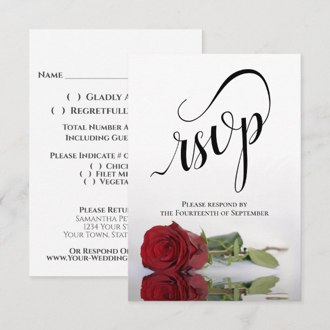 Elegant Long-Stemmed Red Rose Simple Wedding RSVP Card (Front/Back)