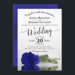 Elegant Long Stemmed Royal Blue Rose Wedding Invitation<br><div class="desc">This gorgeous wedding invitation features a modern floral design with a single long-stemmed royal blue or cobalt colored rose lying on its side reflecting in a pool with waves and ripples. The design is simple,  elegant,  romantic and sophisticated,  with lacy script calligraphy and fully customizable content.</div>