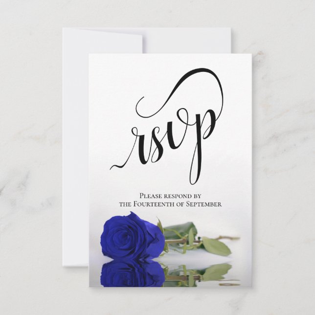 Elegant Long-Stemmed Royal Blue Rose Wedding RSVP Card (Front)