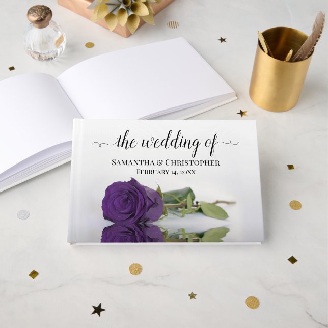 Elegant Long Stemmed Royal Purple Rose Wedding Guest Book (Front Open)