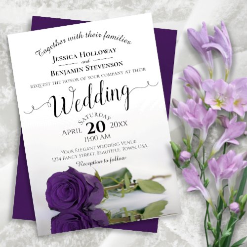 Elegant Long Stemmed Royal Purple Rose Wedding Invitation
