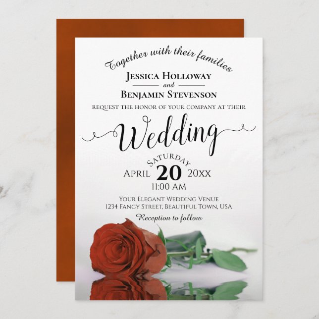 Elegant Long Stemmed Rust Orange Rose Wedding Invitation (Front/Back)