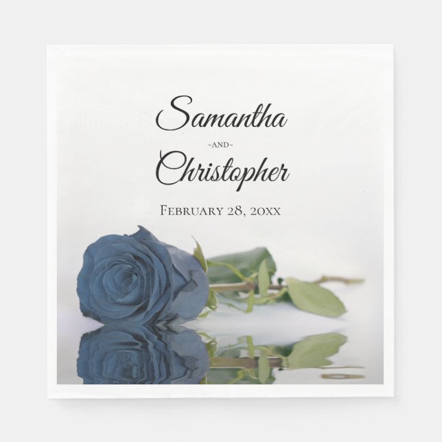 Elegant Long Stemmed Steel Blue Rose Wedding Napkins (Front)