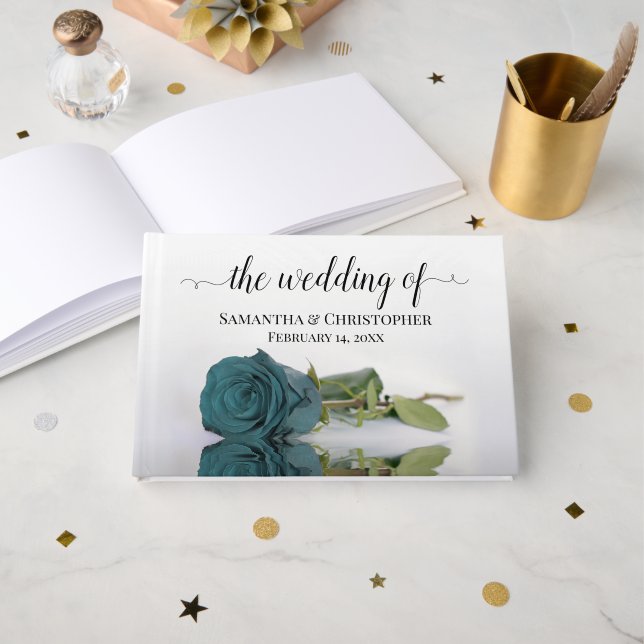 Elegant Long Stemmed Teal Rose Wedding Guest Book (Front Open)