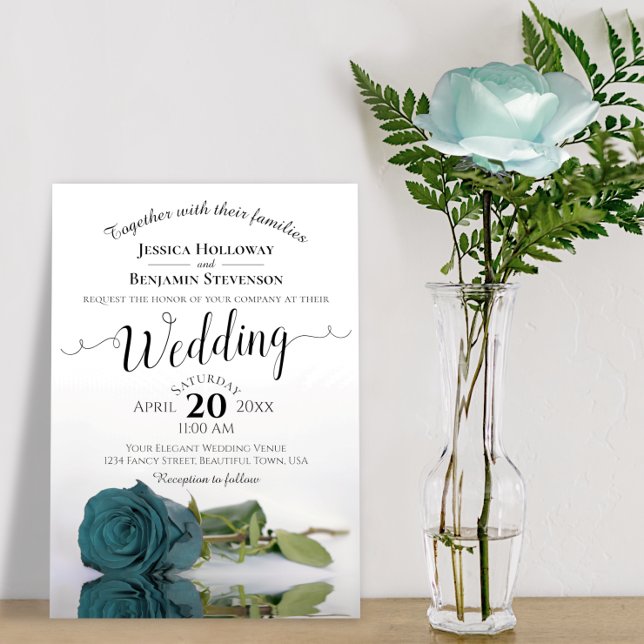 Elegant Long Stemmed Teal Turquoise Rose Wedding Invitation
