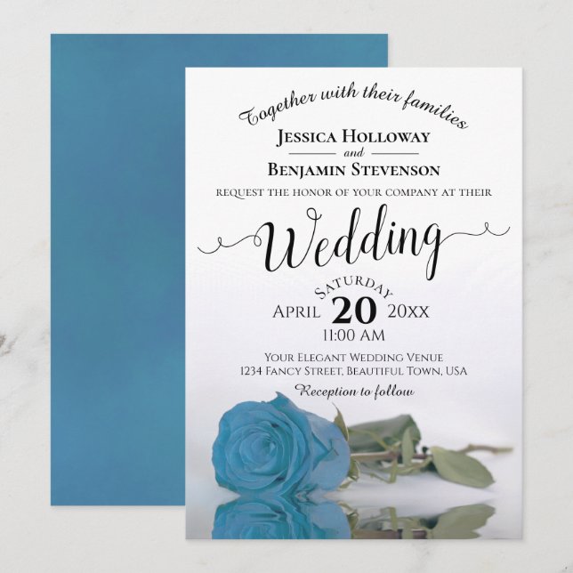Elegant Long Stemmed Turquoise Blue Rose Wedding Invitation (Front/Back)