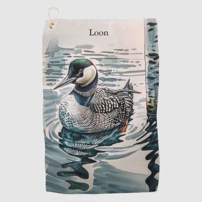 Elegant Loon on the Lake -  Custom Text Golf Towel (Front)