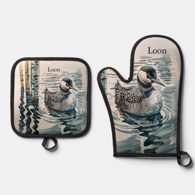 Elegant Loon on the Lake - custom text Oven Mitt & Pot Holder Set (Front)