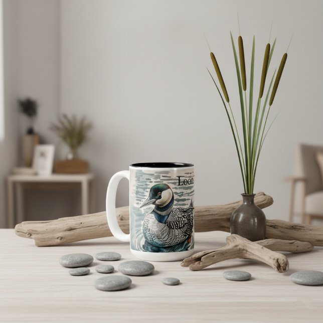 Elegant Loon on the Lake - custom text Two-Tone Coffee Mug (Creator Uploaded)